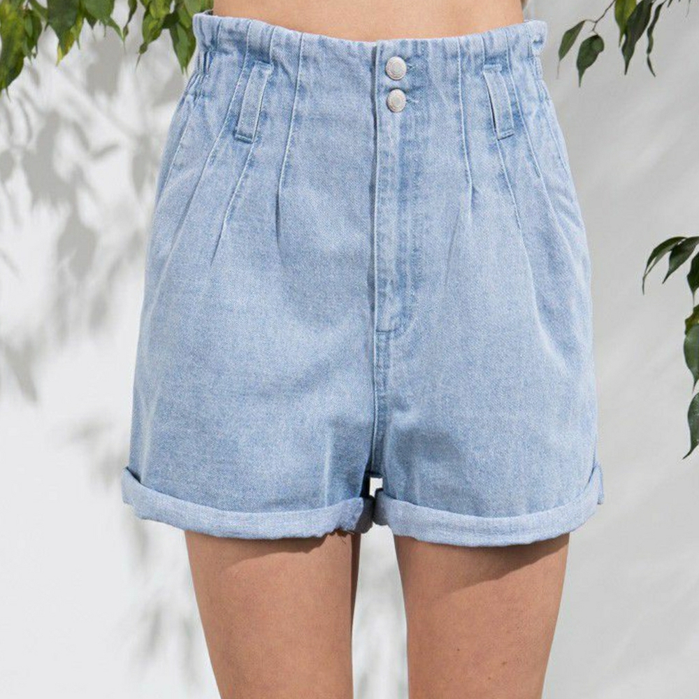 Aaron & Amber Washed Light Denim Blue High Waisted Paperbag Shorts - Picture 3 of 8